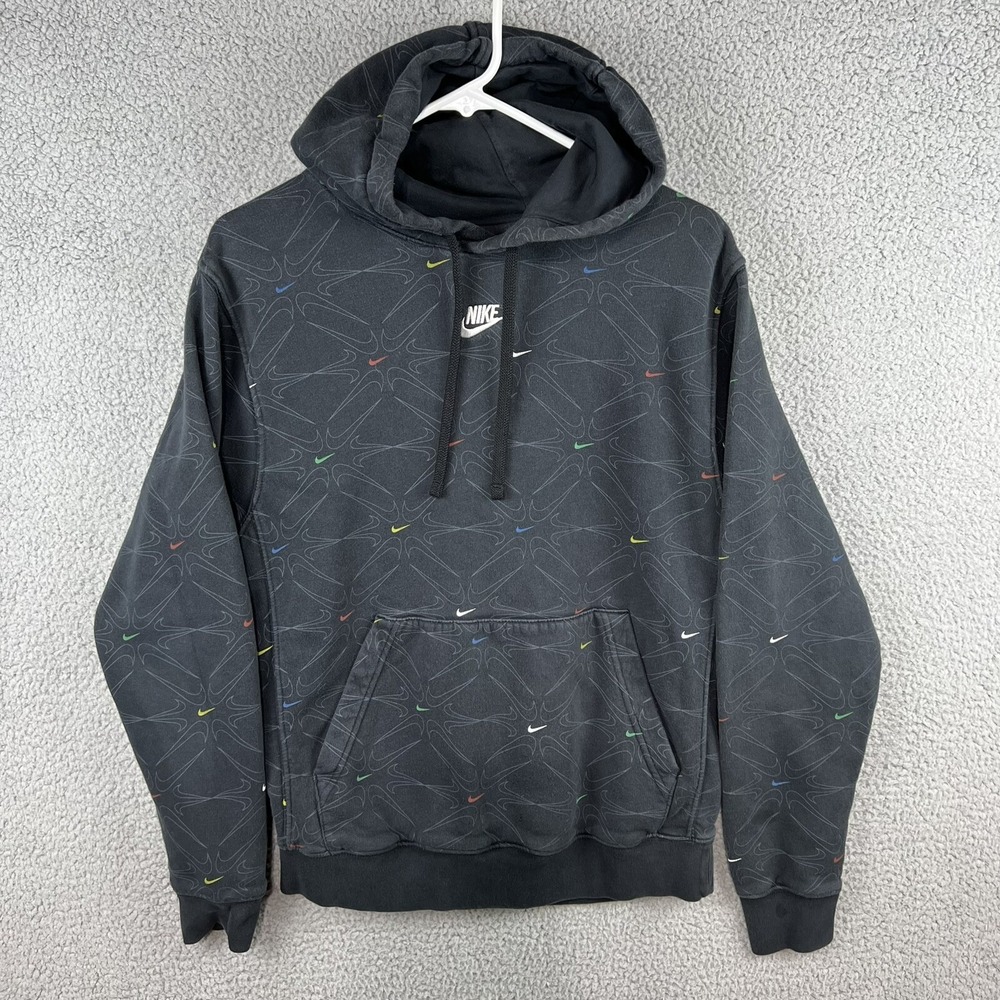 Nike AOP Gel Fleece Hoodie Mens‎ Size Small DM7930 010 Black Allover Logo Print